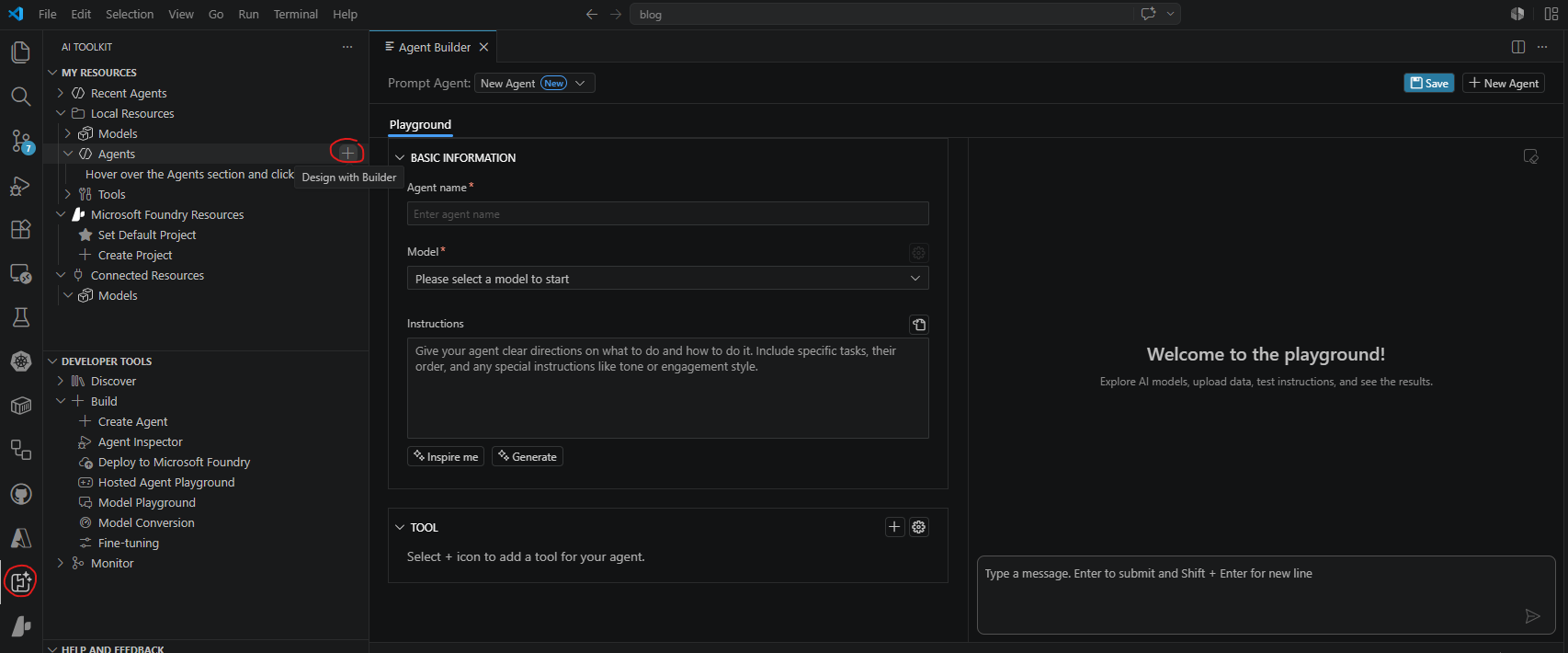 Azure Foundry Toolkit Agent Builder Interface