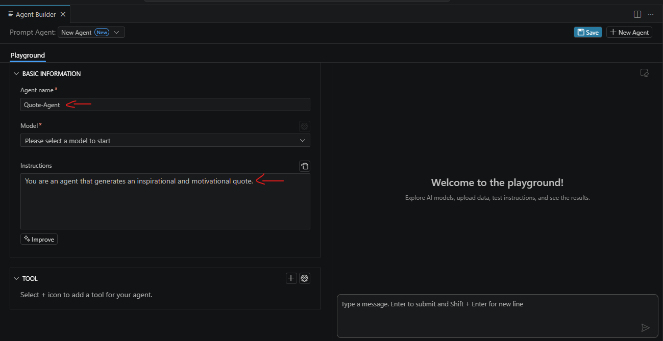 Azure Foundry Toolkit Agent Builder Interface