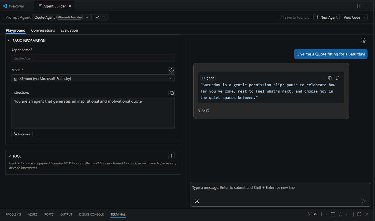 Azure Foundry Toolkit Agent Builder Interface